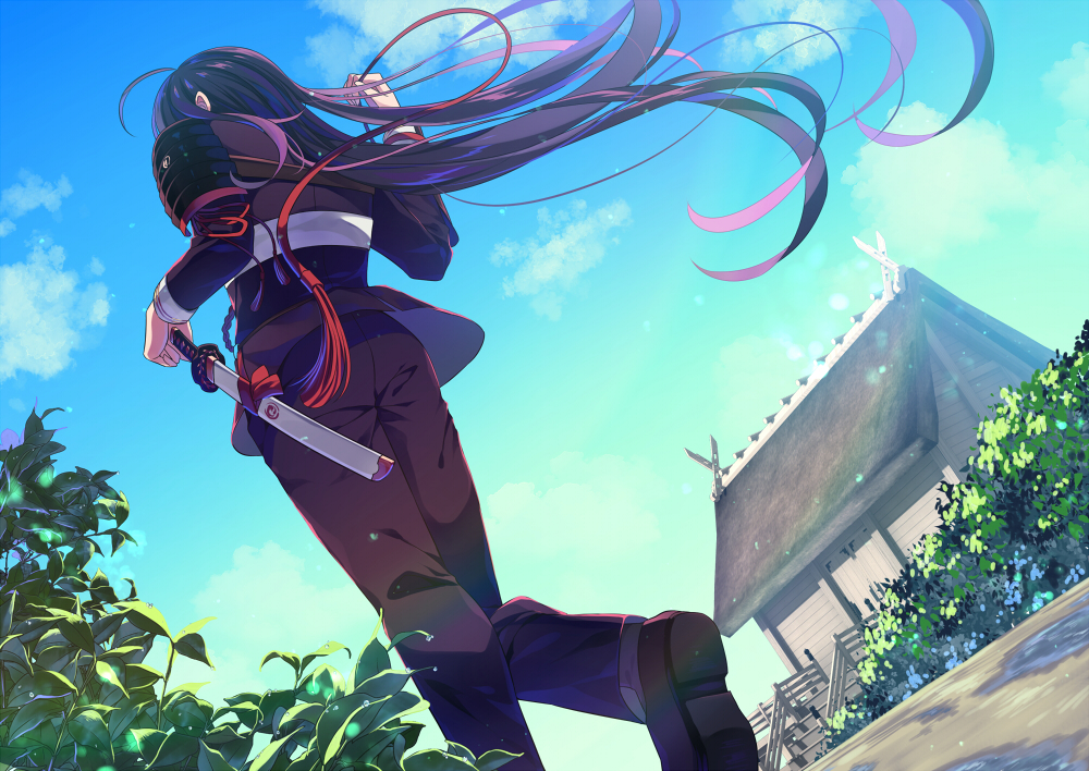 1boy, ahoge, armor, black_hair, blue_sky, building, day, dew_drop