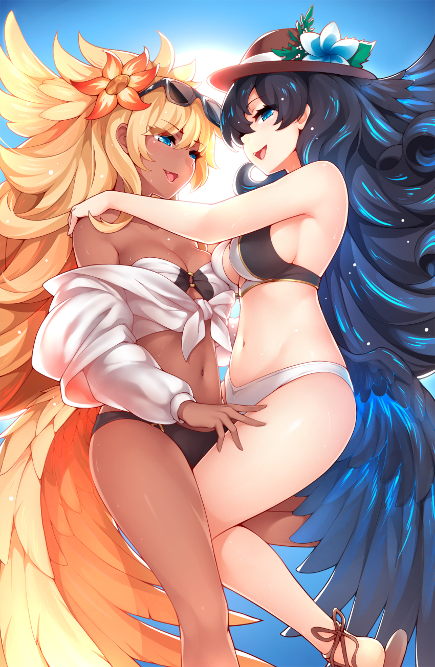 2girls, bare_shoulders, bikini, black_bikini, black_hair, blonde_hair, blue_eyes, breasts, curly_hair, dark-skinned_female, dark_skin, eyes_visible_through_hair, eyewear_on_head, fangs, feathered_wings, granblue_fantasy, halluel_(granblue_fantasy), hat, head_wings, highres, large_breasts, long_hair, looking_at_viewer, low_wings, malluel_(granblue_fantasy), multiple_girls, off_shoulder, open_mouth, ricegnat, simple_background, sunglasses, swimsuit, very_long_hair, wet, white_bikini, wings