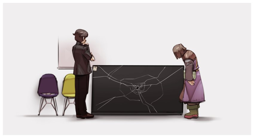 2boys, absurdres, bag, black_suit, bob_cut, boots, broken, broken_screen, brown_footwear, brown_hair, chair, dragon_quest, dragon_quest_xi, formal_clothes, grey_background, hero_(dq11), highres, hoes_mad_(meme), hunched_over, loafers, male_focus, meme, multiple_boys, nin_nakajima, nintendo, real_life, sakurai_masahiro, shoes, shoulder_bag, simple_background, sticky_note, suit, super_smash_bros., television, tunic, yellow_boots