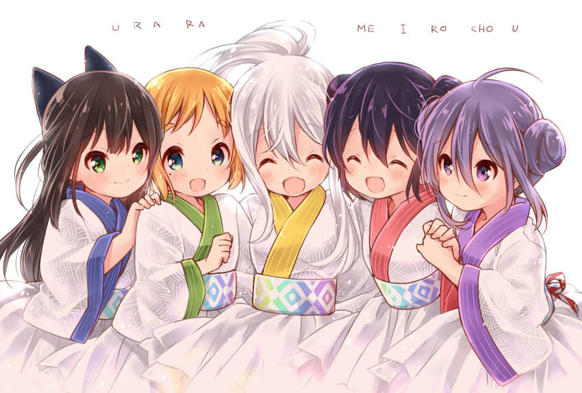 5girls, :d, ^_^, ahoge, black_bow, blonde_hair, blush, bow