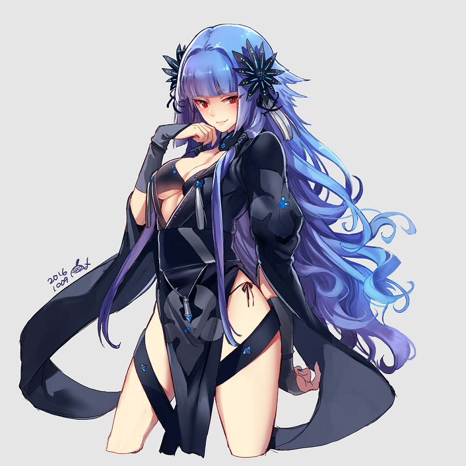 1girl, bikini, bikini_top_only, blue_hair, blue_nails, breasts, cleavage, cropped_legs, grey_background, hair_intakes, hair_ornament, hair_tubes, hime_cut, lie_mei_(thunderbolt_fantasy), long_hair, long_sleeves, looking_at_viewer, mesme, nail_polish, panties, purple_hair, red_eyes, side-tie_panties, sidelocks, simple_background, swimsuit, thunderbolt_fantasy, underwear, wavy_hair