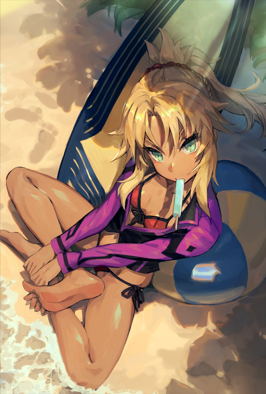 1girl, aqua_eyes, bare_legs, barefoot, beach, bikini, black_ribbon, blonde_hair