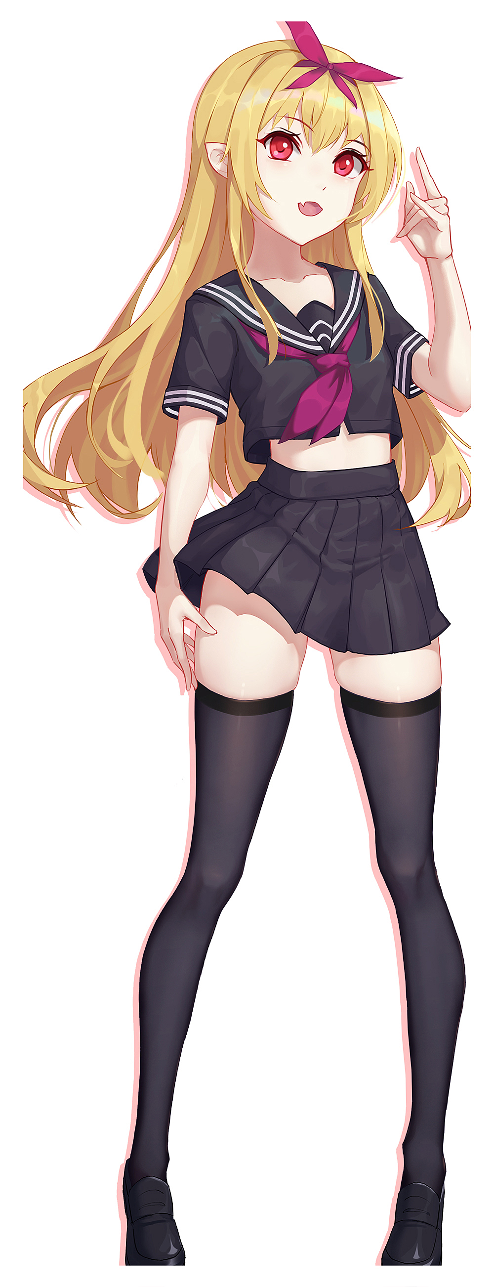 1girl, absurdres, arifureta_shokugyou_de_sekai_saikyou, black_shirt, black_shoes, black_skirt, black_thighhighs, blonde_hair, character_request, collarbone, commentary_request, fang, female_focus, full_body, hairband, highres, lis_zhu_long, loafers, long_hair, midriff, pink_ribbon, pleated_skirt, red_eyes, ribbon, school_uniform, serafuku, shirt, shoes, short_sleeves, simple_background, skindentation, skirt, solo, standing, thighhighs, white_background, yue_(arifureta), zettai_ryouiki