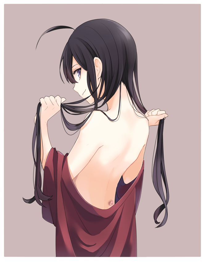 1boy, ahoge, black_hair, bunching_hair, from_behind, holding, holding_own_hair, japanese_clothes