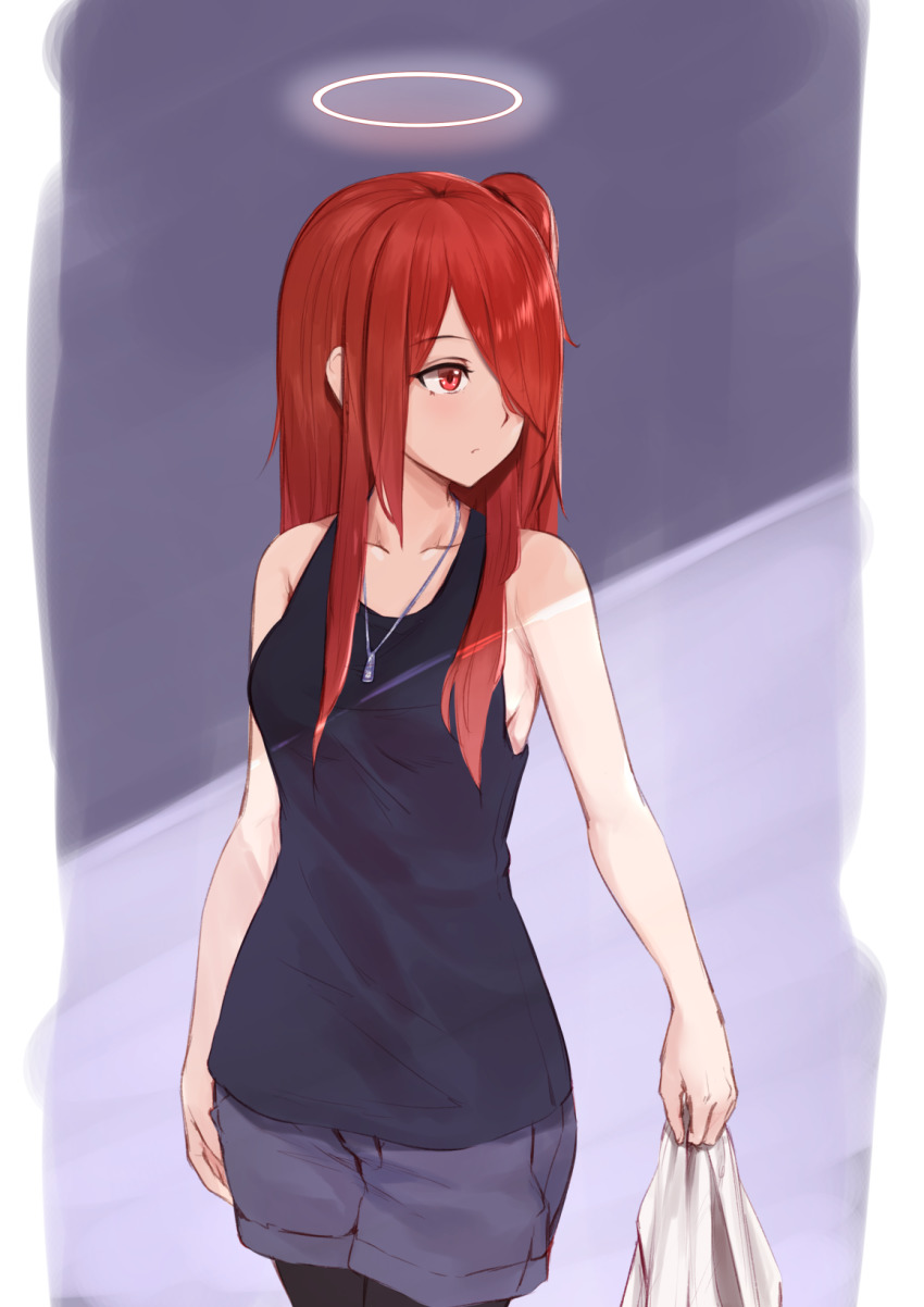1girl, arknights, bad_id, bad_pixiv_id, bare_arms, bare_shoulders, black_pantyhose, black_tank_top