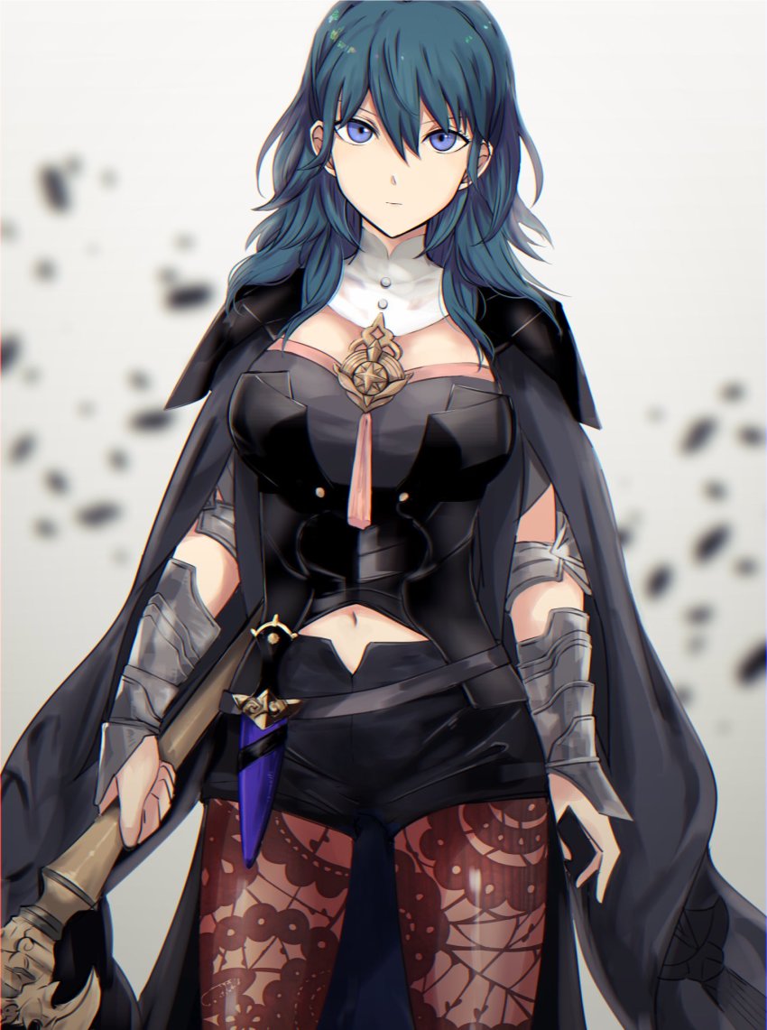 1girl, armlet, armor, bad_id, bad_twitter_id, blue_eyes, blue_hair, breasts, brown_pantyhose, cape, cleavage_cutout, clothing_cutout, doku_ringo36, female_byleth_(fire_emblem), female_focus, fire_emblem, fire_emblem:_three_houses, hair_between_eyes, hair_ornament, highres, holding, holding_sword, holding_weapon, jewelry, lace, lace-trimmed_legwear, lace_pantyhose, lace_trim, large_breasts, long_hair, looking_at_viewer, nintendo, pantyhose, pantyhose_under_shorts, short_hair, short_shorts, shorts, simple_background, solo, sword, upper_body, weapon, white_background