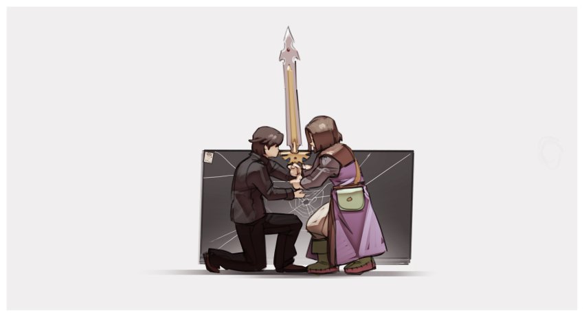 2boys, absurdres, black_hair, black_suit, bob_cut, boots, brown_hair, dragon_quest