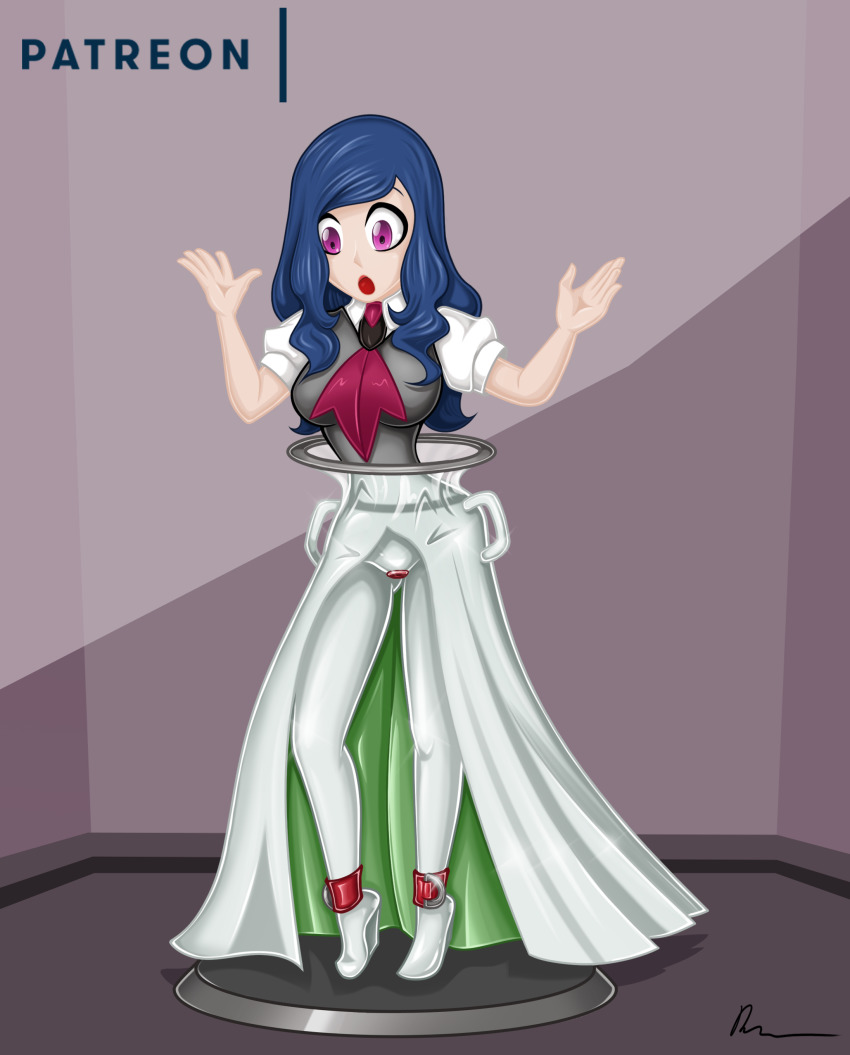 1girl, absurdres, ass, blue_hair, bodysuit, boots, breasts, cosplay