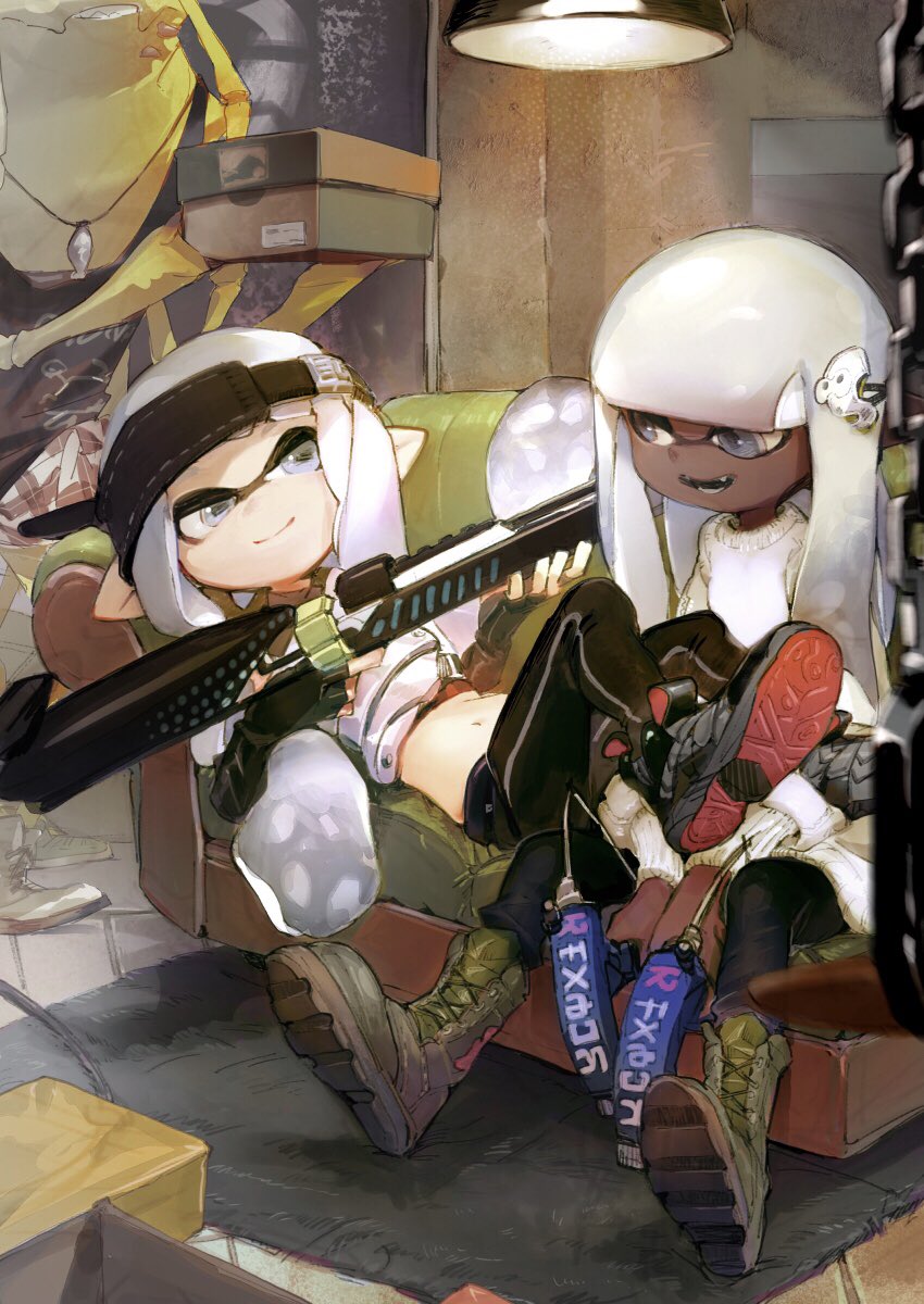 1boy, 2girls, armor, black_footwear, black_leggings, blunt_bangs, boots, closed_mouth, commentary, couch, crop_top, dapple_dualies_(splatoon), dark-skinned_female, dark_skin, fang, green_boots, grey_eyes, grey_hair, hair_ornament, half-closed_eyes, hero_charger_(splatoon), high_tops, highres, holding, holding_weapon, indoors, inkling, inkling_girl, inkling_player_character, lace-up_boots, leggings, light, long_hair, long_sleeves, looking_at_another, lying, midriff, multiple_girls, nintendo, on_back, on_couch, open_mouth, pointy_ears, shiganii_(splatoon), shima_(5p6p7p), shoes, sideways_hat, single_vertical_stripe, sitting, smile, sneakers, splatoon_(series), splatoon_2, sweater, untranslatable_commentary, tentacle_hair, visor_cap, weapon, white_sweater