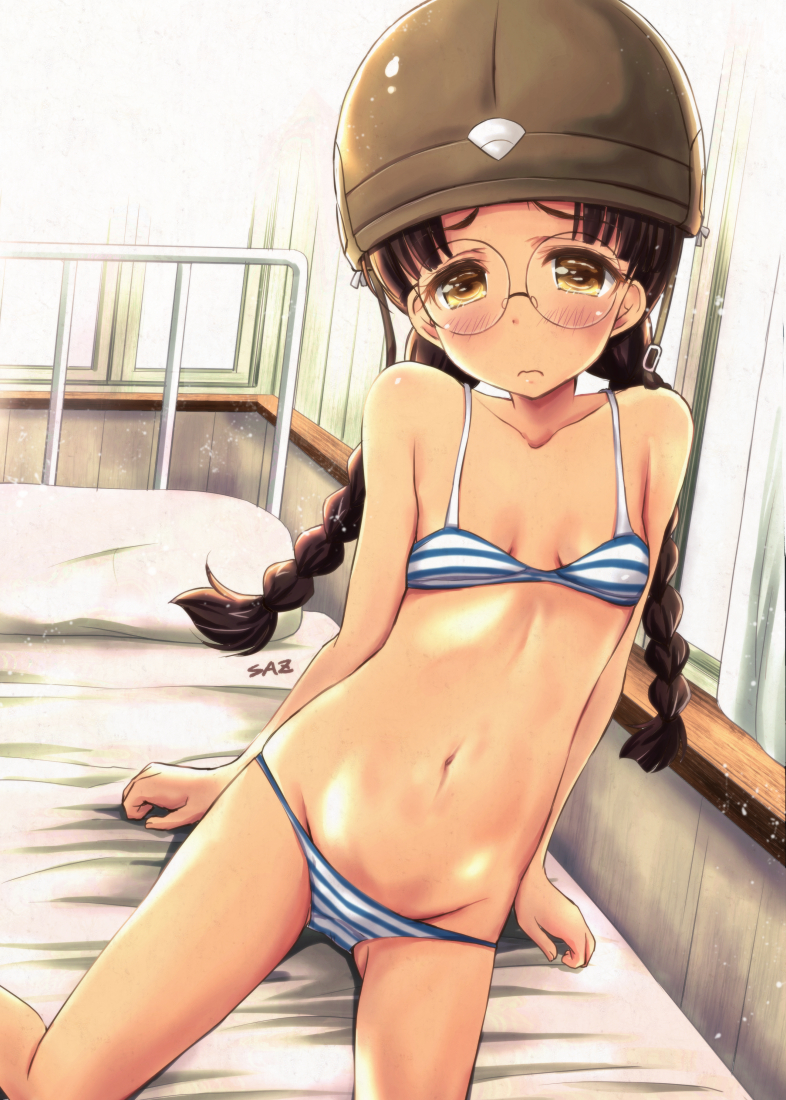 1girl, arm_support, artist_name, backlighting, bed, black_hair, blue_bra, blue_panties, blush, bra, braid, breasts, brown_eyes, brown_headwear, closed_mouth, commentary, embarrassed, frown, fukuda_haru, girls_und_panzer, glasses, groin, half-closed_eyes, helmet, insignia, leaning_to_the_side, long_hair, looking_at_viewer, lowleg, lowleg_panties, navel, on_bed, panties, pillow, round_eyewear, saz_(sazin764), signature, sitting, small_breasts, striped_bra, striped_clothes, striped_panties, twin_braids, twintails, underwear, underwear_only, window