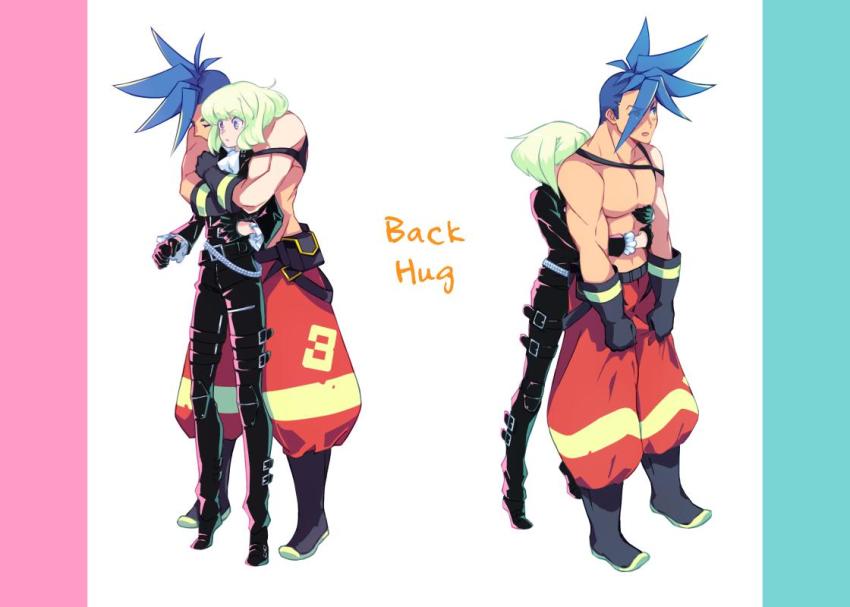 2boys, ascot, baggy_pants, belt, biker_clothes, black_gloves, black_jacket, blue_eyes