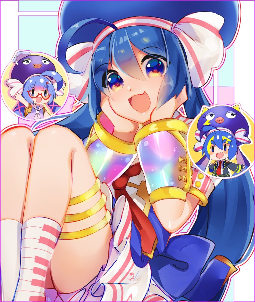 3girls, absurdres, ahoge, blue_eyes, blue_hair, chibi, commentary, detached_sleeves