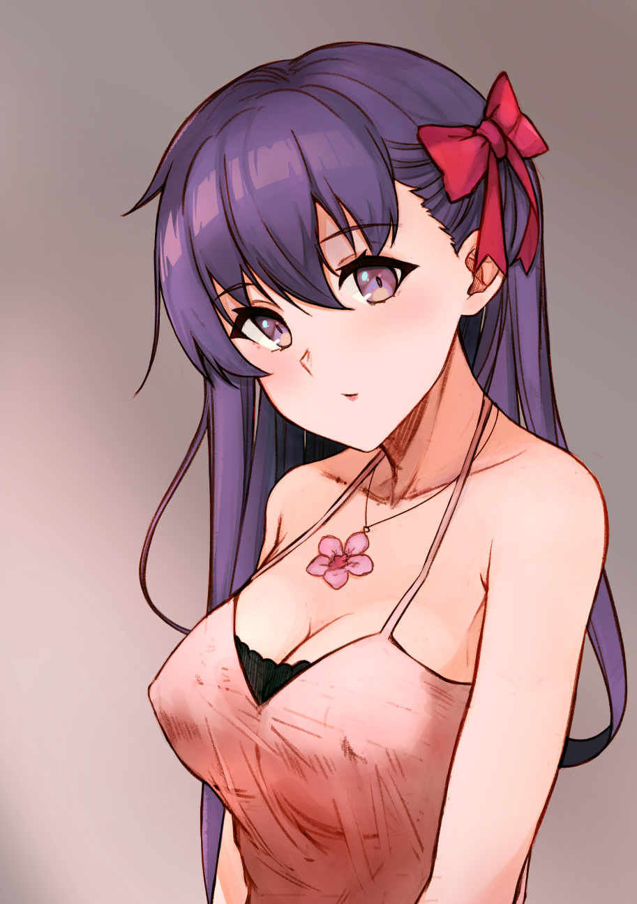 1girl, bow, breasts, cleavage, closed_mouth, collarbone, covered_erect_nipples, fate/stay_night