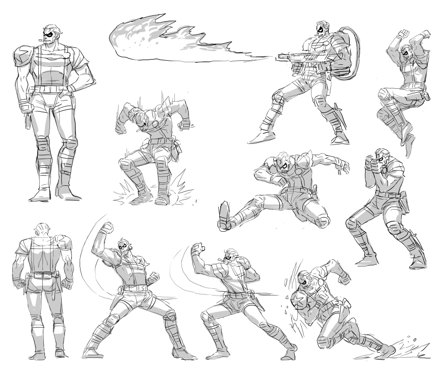 1boy, cigar, concept_art, dc_comics, fighting, fighting_game, flamethrower, greyscale