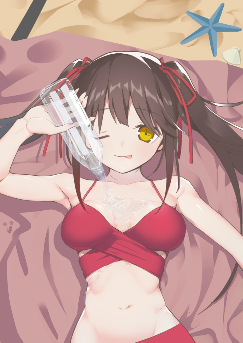 1girl, 6ml, armpits, bad_id, bad_pixiv_id, bare_arms, bare_shoulders, bikini, black_hair, bottle, breasts, collarbone, commentary_request, date_a_live, female_focus, hair_between_eyes, highres, long_hair, looking_at_viewer, lying, navel, on_back, red_bikini, red_ribbon, ribbon, shell, smile, solo, starfish, swimsuit, tokisaki_kurumi, tongue, tongue_out, twintails, upper_body, water, water_bottle, yellow_eyes