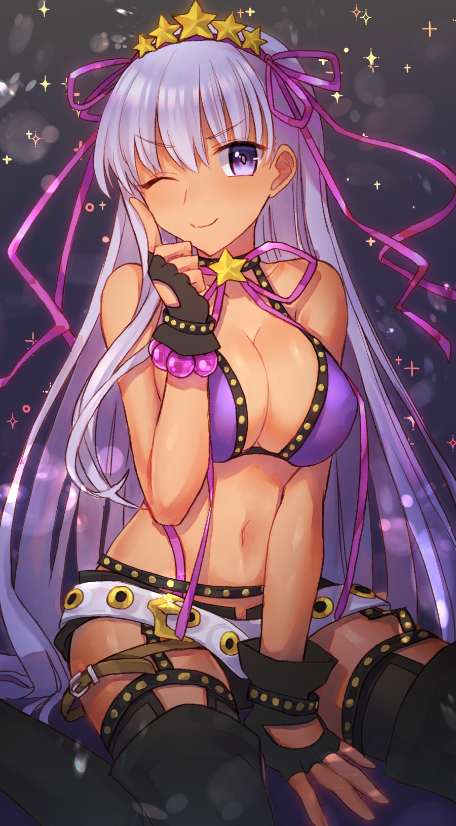 1girl, agsen, bare_shoulders, bb_(fate), bb_(swimsuit_mooncancer)_(second_ascension)_(fate), bead_bracelet, beads, belt
