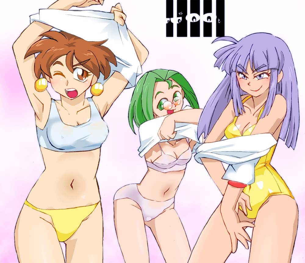 1boy, 3girls, bra, breasts, brown_hair, cleavage, commentary_request, earrings, glasses, grandia, grandia_i, graphite_(medium), green_hair, groin, jewelry, justin_(grandia), long_hair, millipen_(medium), mio_(grandia), multiple_girls, nana_(grandia), onnaski, panties, pen_(medium), purple_hair, saki_(grandia), short_hair, traditional_media, underwear