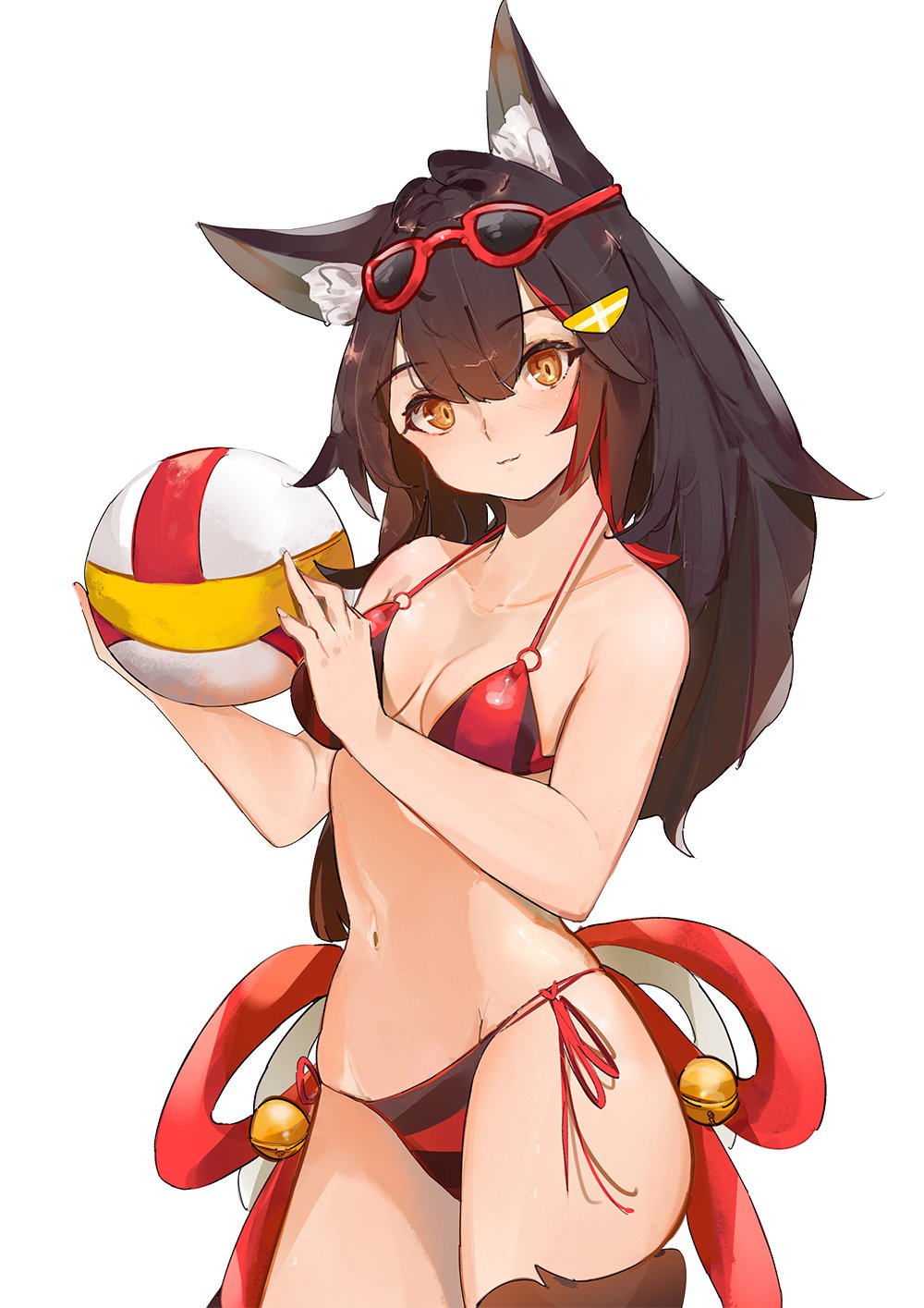 1girl, alternate_costume, animal_ear_fluff, animal_ears, bad_id, bad_twitter_id, ball, bare_shoulders