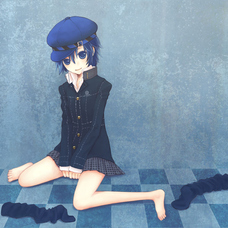 atlus, bad_id, bad_pixiv_id, barefoot, blazer, blue_eyes, blue_hair, newsboy_cap, feet, hat, jacket, miniskirt, no_socks, persona, persona_4, pleated_skirt, school_uniform, shirogane_naoto, shirt, short_hair, sitting, skirt, smile, socks, solo, suzushiro_haru