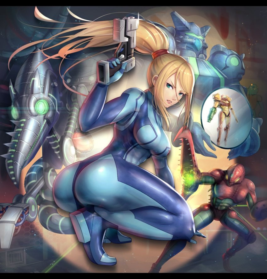 1girl, abs, alien, anniversary, arm_cannon, arm_support, arm_up, armor