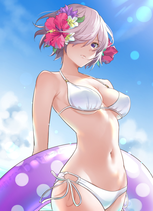 1girl, alternate_costume, bare_shoulders, bikini, blue_sky, blush, breasts, cleavage