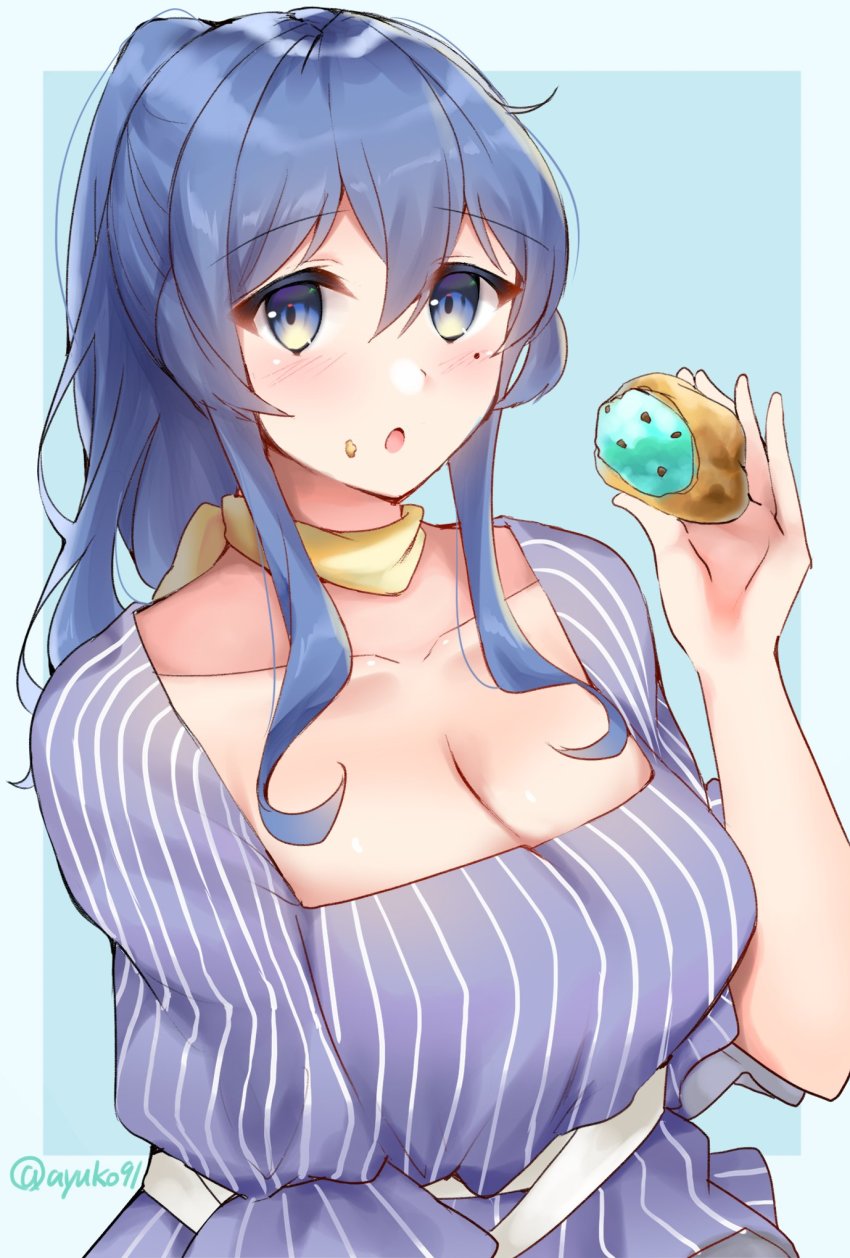1girl, aqua_background, ayuko91, blouse, blue_hair, blue_shirt, border, breasts