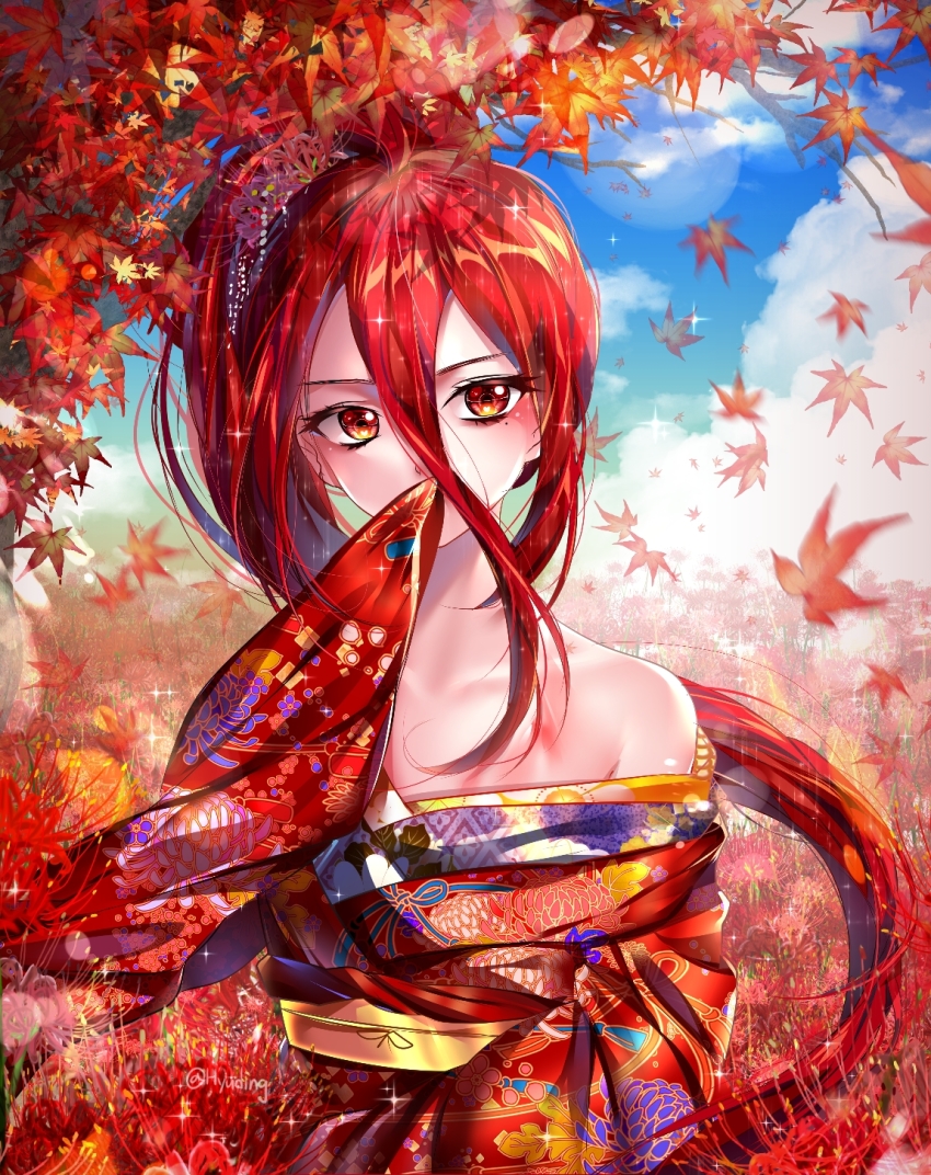 1other, blue_sky, blush, cinnabar_(houseki_no_kuni), cloud, covering_own_mouth, day, floating_hair