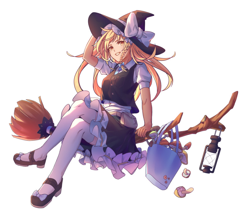 1girl, black_hat, black_shoes, black_skirt, blonde_hair, blue_bow, blue_necktie, bow