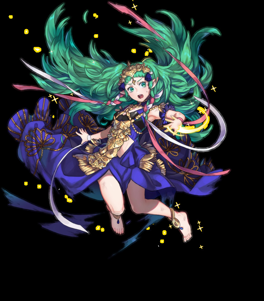 1girl, armpits, barefoot, bracelet, braid, feet, female_focus, fire_emblem, fire_emblem:_three_houses, fire_emblem_heroes, full_body, green_eyes, green_hair, hair_ribbon, highres, jewelry, long_hair, maiponpon, matching_hair/eyes, nintendo, official_art, open_mouth, pointy_ears, ribbon_braid, side_braid, solo, sothis_(fire_emblem), sparkle, teeth, tiara, toes, torn_clothes, transparent_background, very_long_hair