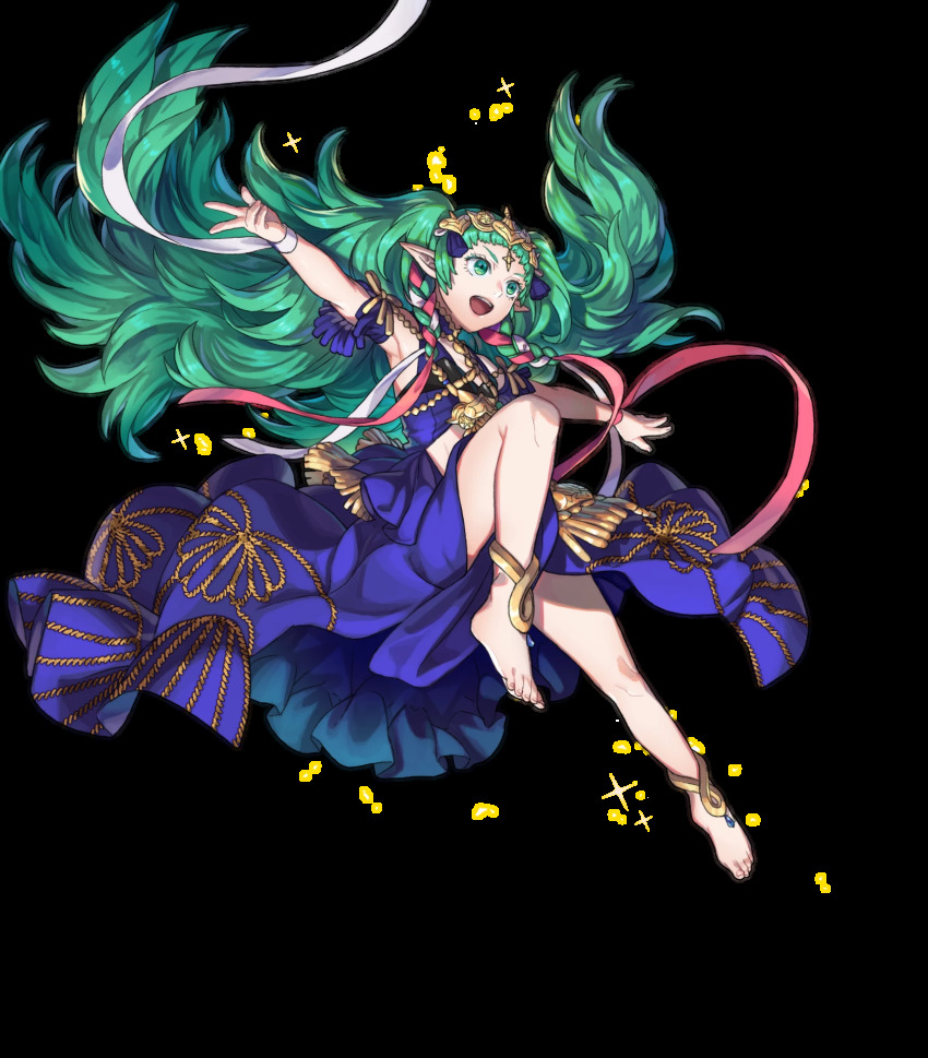 1girl, armpits, barefoot, bracelet, braid, feet, female_focus, fire_emblem, fire_emblem:_three_houses, fire_emblem_heroes, full_body, green_eyes, green_hair, hair_ribbon, highres, jewelry, long_hair, maiponpon, matching_hair/eyes, nintendo, official_art, open_mouth, pointy_ears, ribbon_braid, side_braid, solo, sothis_(fire_emblem), sparkle, teeth, tiara, toes, transparent_background, very_long_hair