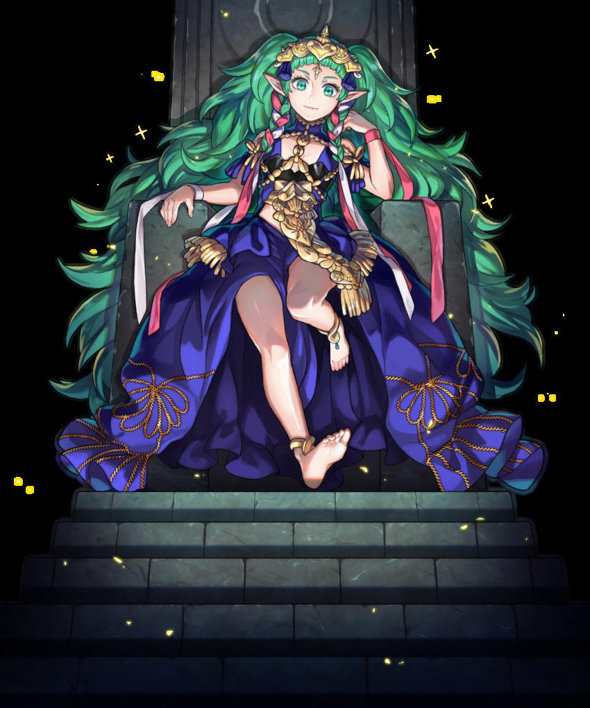1girl, barefoot, bracelet, braid, feet, female_focus, fire_emblem, fire_emblem:_three_houses, fire_emblem_heroes, full_body, green_eyes, green_hair, hair_ribbon, highres, jewelry, long_hair, maiponpon, matching_hair/eyes, nintendo, official_art, on_throne, pointy_ears, ribbon, ribbon_braid, side_braid, sitting, solo, sothis_(fire_emblem), sparkle, stairs, throne, tiara, transparent_background, very_long_hair