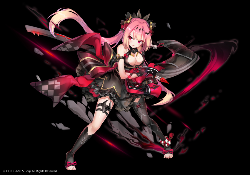 1girl, absurdres, rope_anklet, bell, black_dress, black_gloves, black_thighhighs, blush