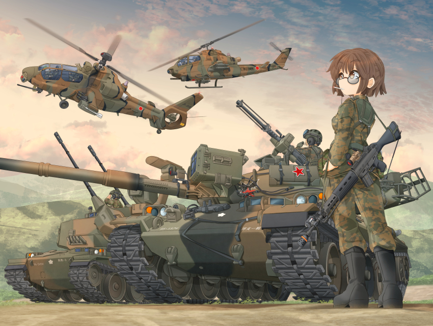 1girl, ah-1_cobra, aircraft, anti-aircraft, anti-aircraft_gun, assault_rifle, attack_helicopter, autocannon