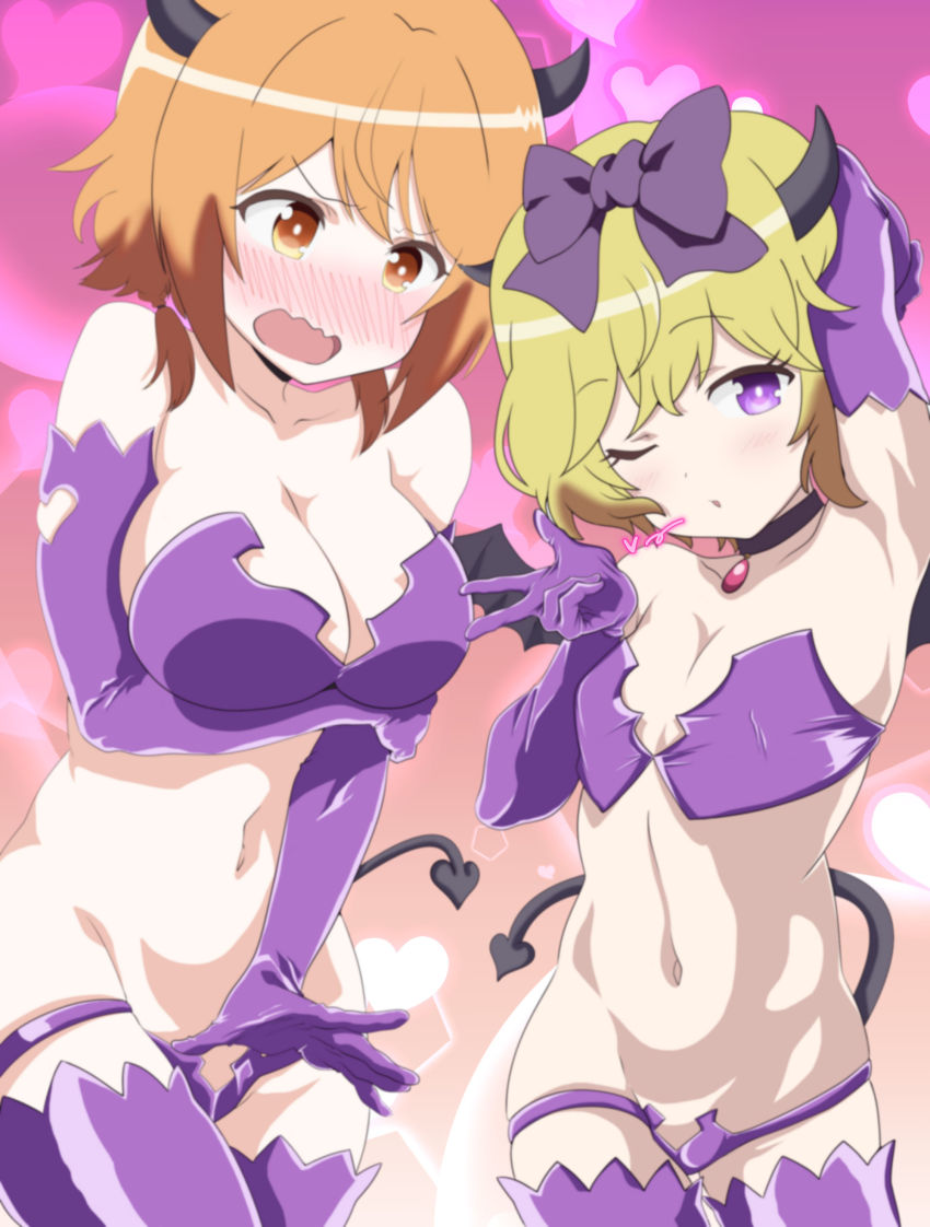 2girls, absurdres, arm_up, armpits, blonde_hair, blush, bow, breasts, brown_eyes, brown_hair, choker, collarbone, commentary_request, cosplay, cowboy_shot, demon_horns, demon_tail, elbow_gloves, elly_(tonari_no_kyuuketsuki-san)_(cosplay), embarrassed, elly_(tonari_no_kyuuketsuki-san), fang, gloves, hair_bow, head_tilt, heart, heart_background, highres, horns, large_breasts, looking_at_viewer, low_twintails, multiple_girls, natsuki_hinata, navel, nose_blush, open_mouth, purple_bow, purple_eyes, purple_gloves, purple_legwear, ramanda, short_twintails, small_breasts, standing, tail, thigh_strap, thighhighs, tonari_no_kyuuketsuki-san, twintails, w