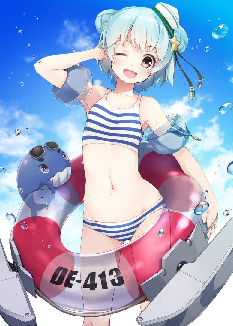 1girl, 1other, ;d, bikini, black_ribbon, blue_hair, blue_sky, cloud
