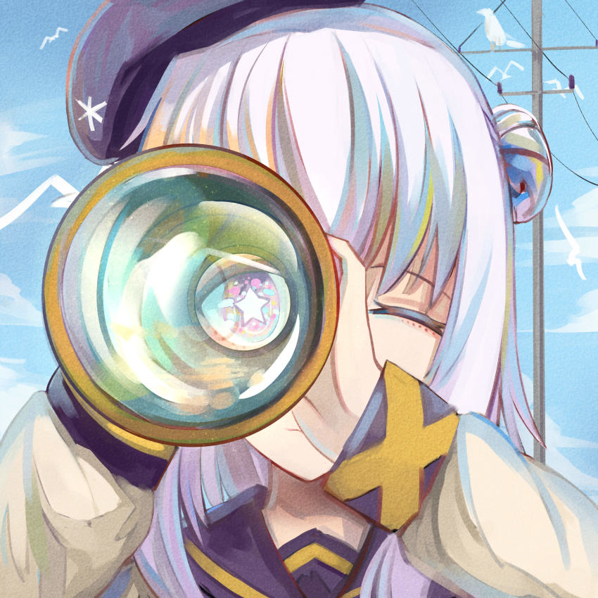 1girl, absurdres, beret, bird, female_focus, hair_bun, hat, highres