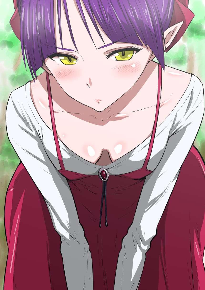 1girl, blush, breasts, cleavage, collarbone, downblouse, dress, facing_viewer, female_focus, gegege_no_kitarou, gegege_no_kitarou_6, half-closed_eyes, highres, leaning_forward, looking_at_viewer, manjuurou, medium_breasts, nekomusume, nekomusume_(gegege_no_kitarou_6), pointy_ears, purple_hair, solo, yellow_eyes