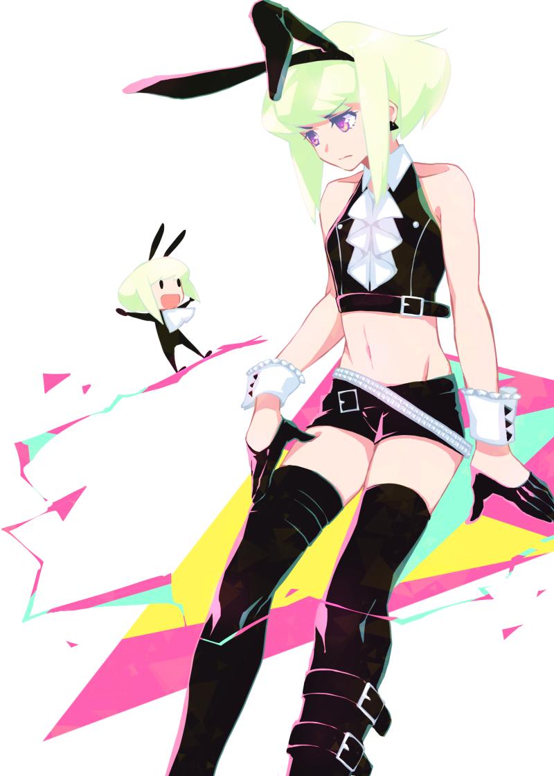 animal_ears, black_legwear, chibi, closed_mouth, earrings, gloves, green_hair, half_gloves