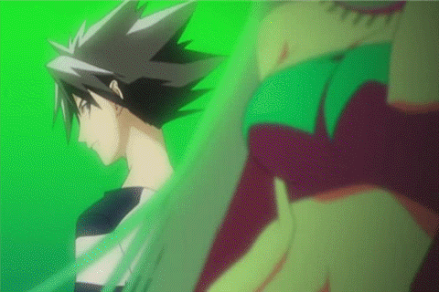 1boy, 1girl, animated, animated_gif, anime_screenshot, dancing, green_background, green_theme, jewelry, jing, jing_king_of_bandits, kirsch_(jing_king_of_bandits), long_hair, looping_animation, lowres, male_focus, midriff, necklace, prison_clothes, simple_background, strapless, tube_top