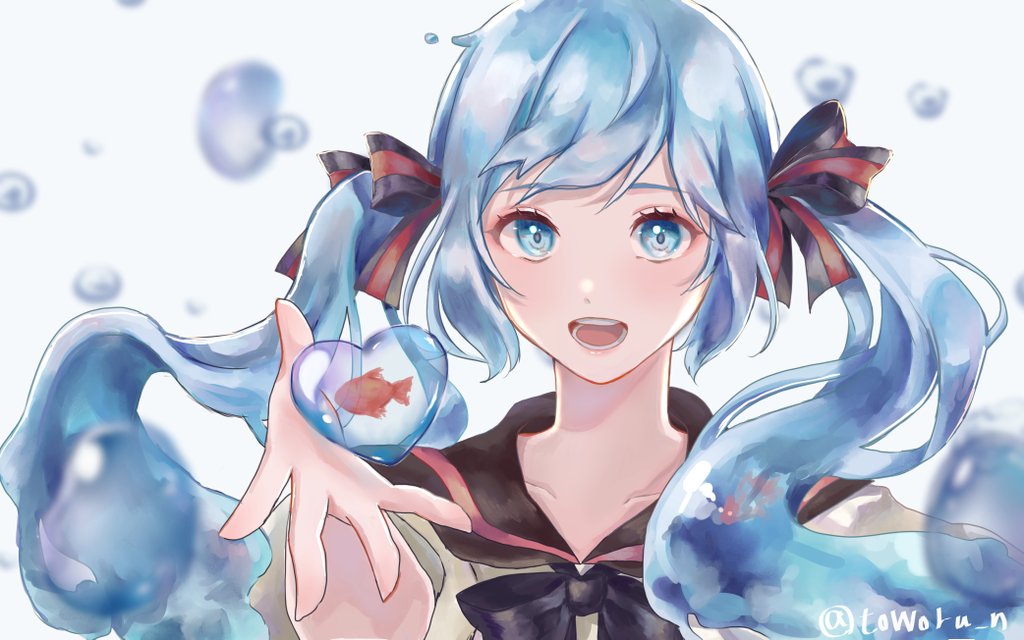 1girl, bad_id, bad_twitter_id, black_bow, black_collar, blue_eyes, blue_hair, blurry