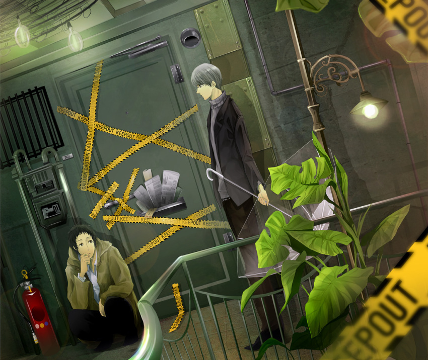 2boys, adachi_tooru, atlus, bad_id, bad_pixiv_id, caution_tape, cigarette, fire_extinguisher