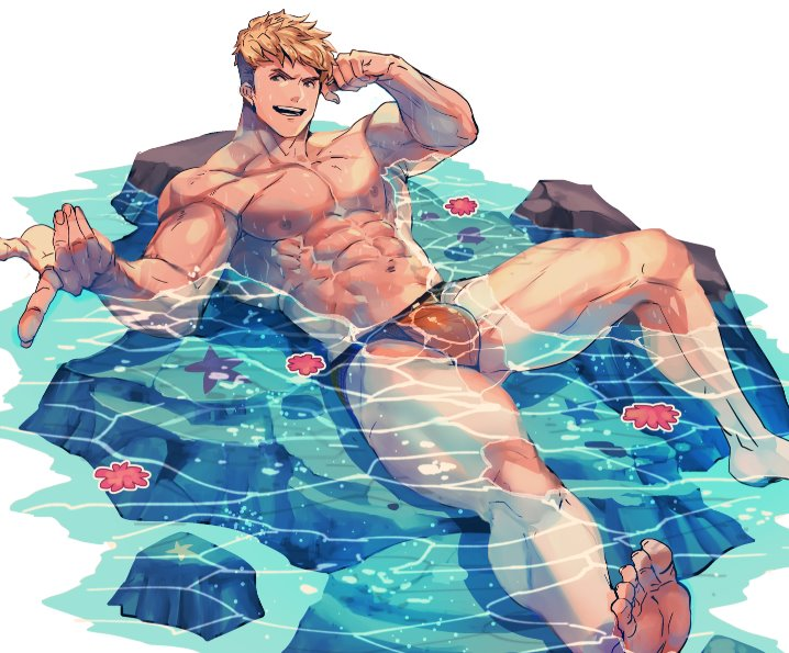1boy, abs, barefoot, bulge, granblue_fantasy, large_pectorals, looking_at_viewer, lying