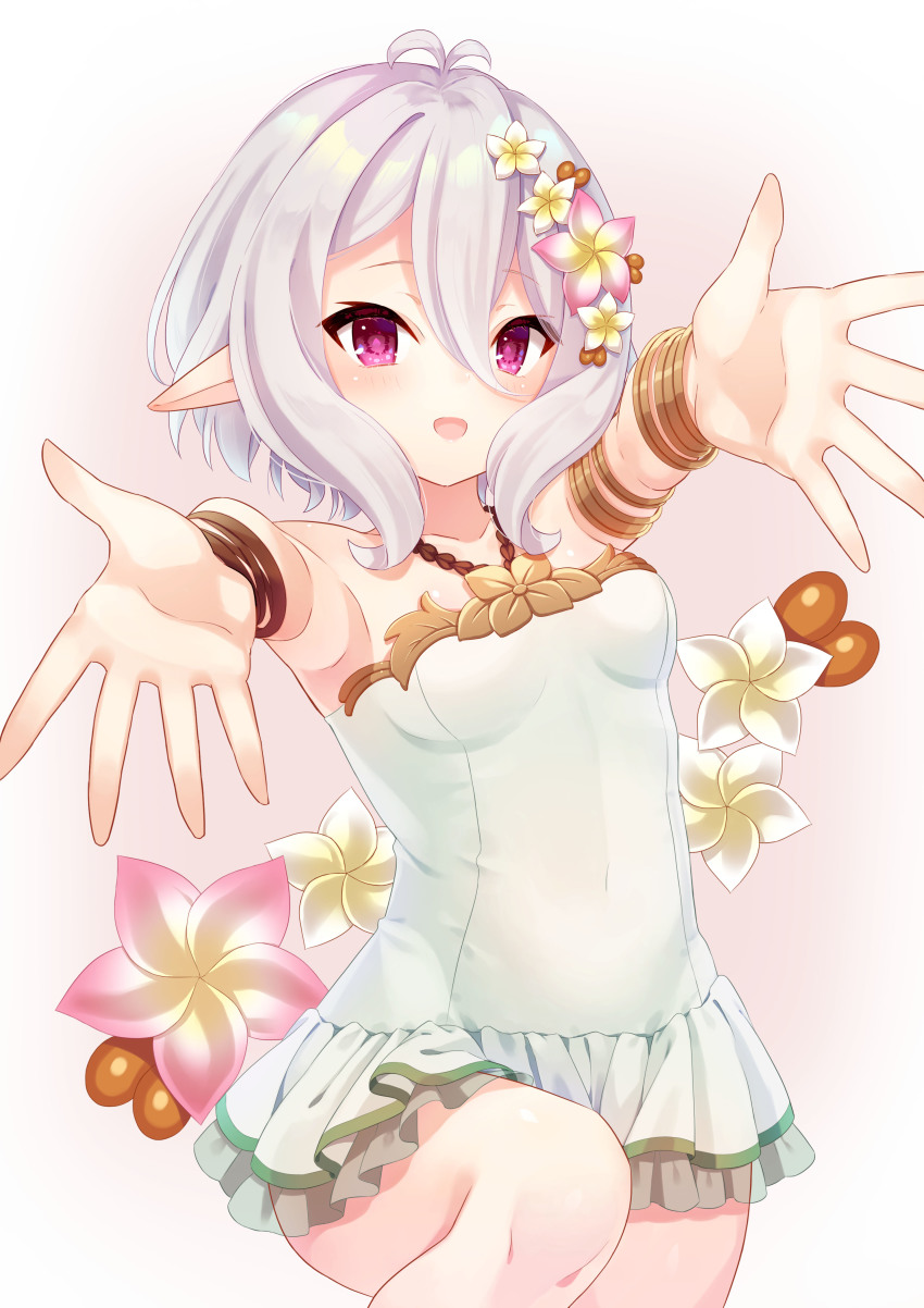 1girl, :d, absurdres, armpits, bracelet, breasts, female_focus, flower