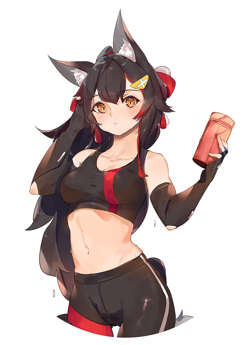 1girl, animal_ear_fluff, animal_ears, bare_shoulders, black_gloves, black_hair, black_shorts, black_sports_bra