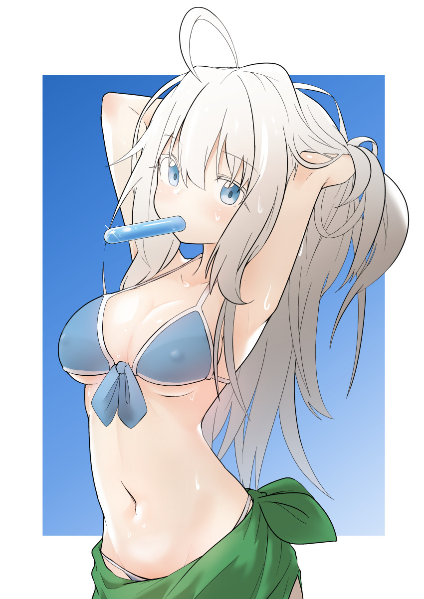 1girl, absurdres, ahoge, armpits, arms_behind_head, arms_up, bikini, blonde_hair