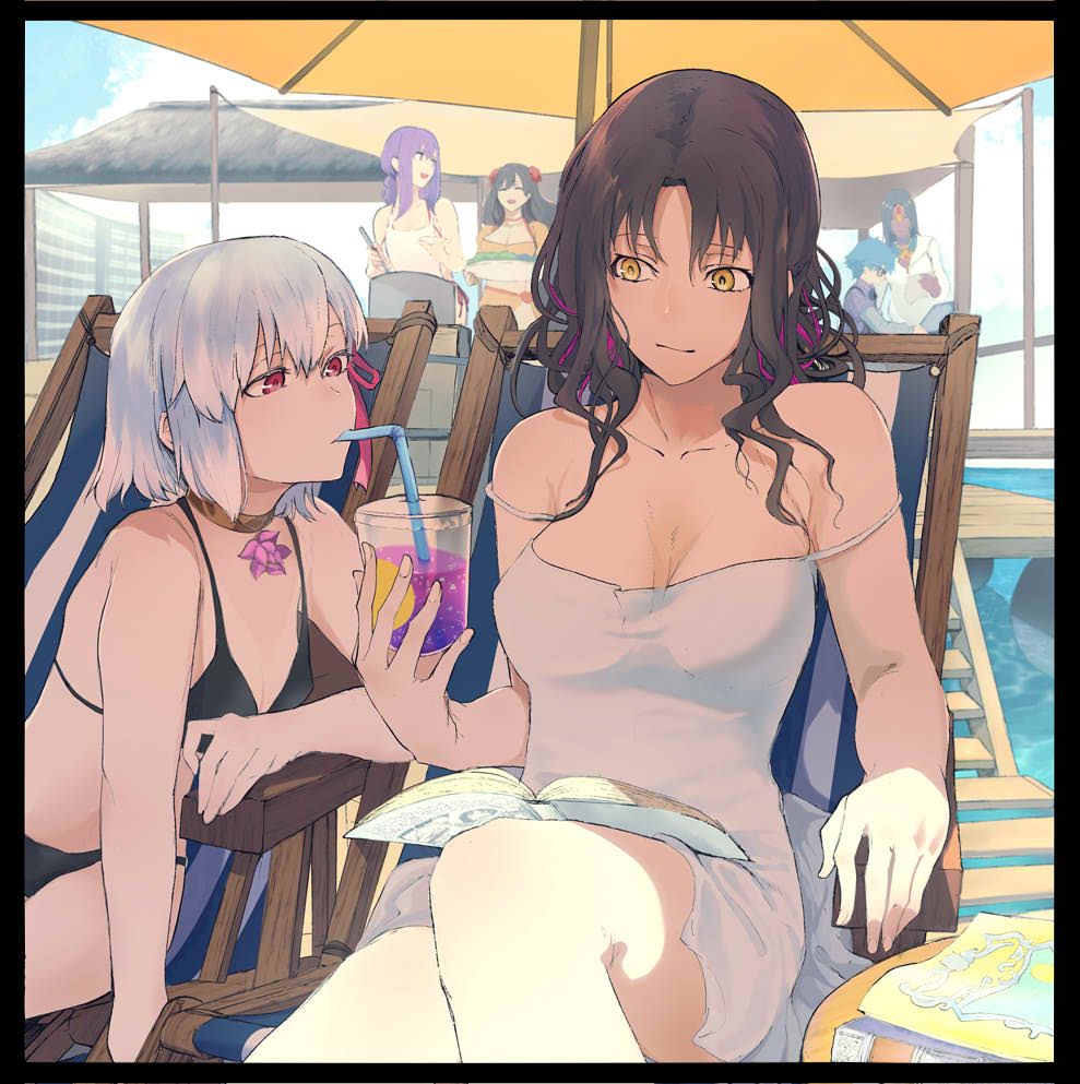 1boy, 5girls, alternate_costume, beach_chair, beach_umbrella, bikini, black_bikini, black_hair