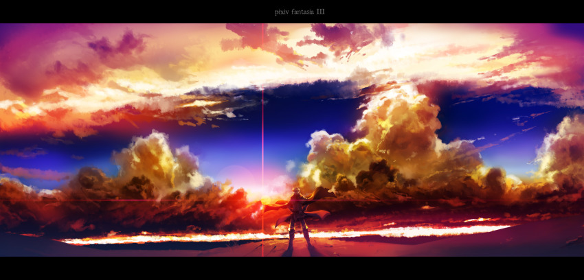 cloud, epic, highres, kiritachi, landscape, lens_flare, letterboxed, male_focus