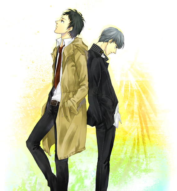 2boys, adachi_tooru, atlus, back-to-back, bad_id, bad_pixiv_id, male_focus, multiple_boys