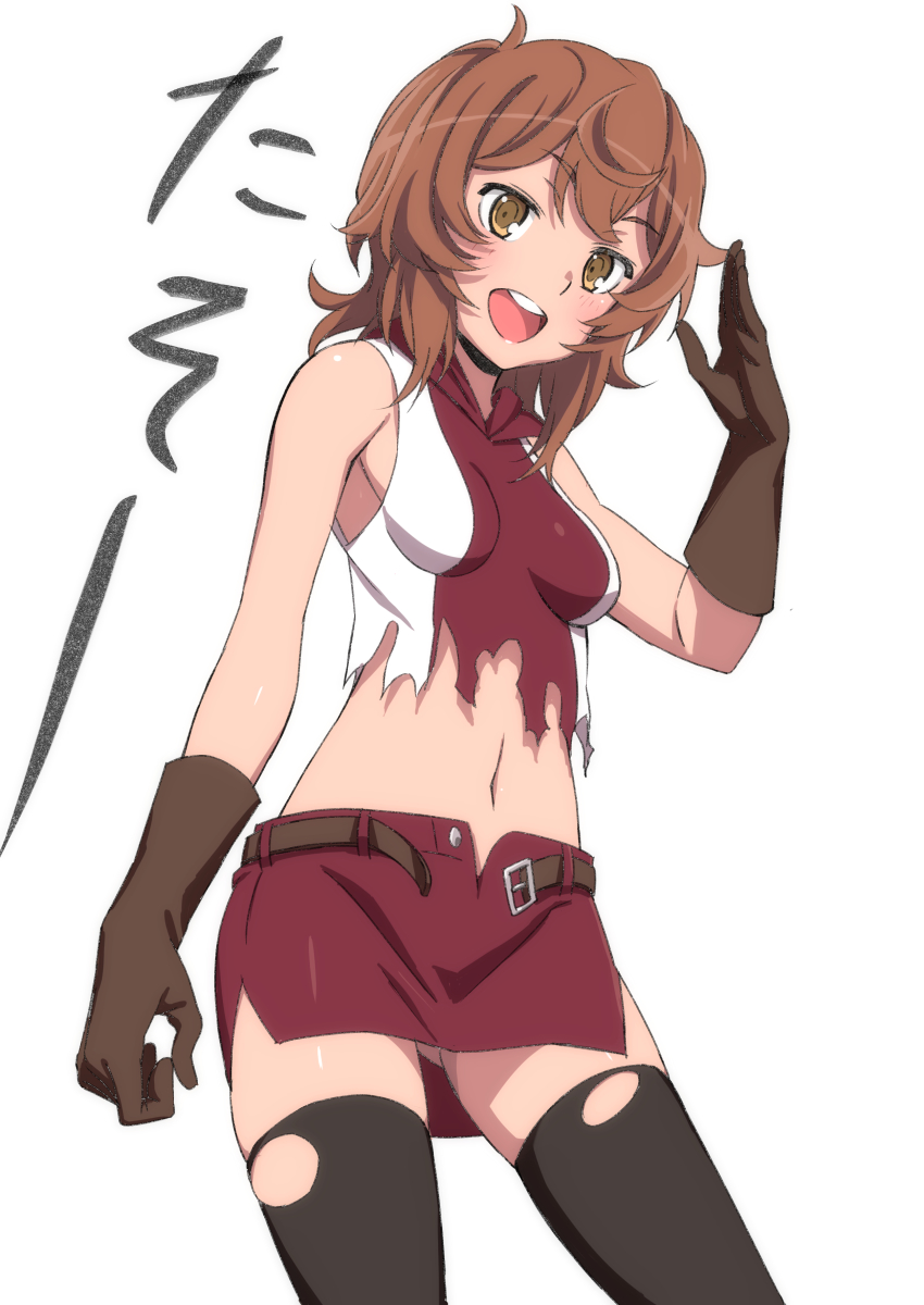 1girl, :d, absurdres, belt, blush, breasts, brown_eyes, brown_hair, dungeon_ni_deai_wo_motomeru_no_wa_machigatteiru_darou_ka, female_focus, gloves, highres, liliruca_arde, midriff, navel, open_belt, open_mouth, qumata, short_hair, simple_background, skirt, sleeveless, small_breasts, smile, solo, thighhighs, torn_clothes, torn_thighhighs, unbuckled, white_background