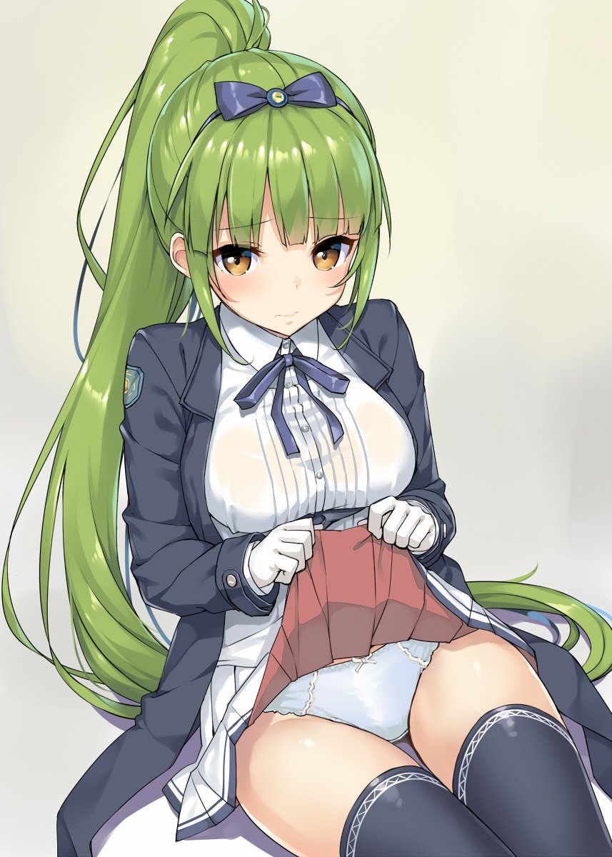 1girl, azur_lane, black_jacket, black_thighhighs, blue_panties, bow, brown_eyes, closed_mouth, clothes_lift, collared_shirt, commentary_request, female_focus, gloves, green_hair, hair_bow, highres, jacket, lifting_own_clothes, long_hair, long_sleeves, looking_at_viewer, miniskirt, neck_ribbon, open_clothes, open_jacket, panties, panties_day, pleated_skirt, ponytail, ribbon, shirt, shropshire_(azur_lane), sidelocks, sitting, skirt, skirt_lift, solo, takayaki, thighhighs, thighs, underwear, very_long_hair, white_gloves, white_shirt, white_skirt, wing_collar
